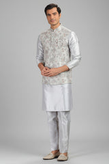 Light Grey Silk Embroidered Kurta Pajama with Jacket