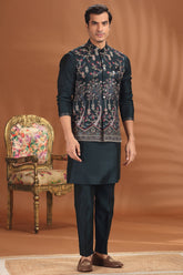 Dark Tral Green Silk Embroidered Kurta Pajama with Jacket