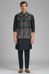 Dark Tral Green Silk Embroidered Kurta Pajama with Jacket