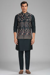 Dark Tral Green Silk Embroidered Kurta Pajama with Jacket