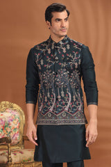 Dark Tral Green Silk Embroidered Kurta Pajama with Jacket