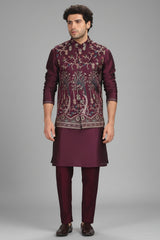 Purple Silk Embroidered Kurta Pajama with Jacket