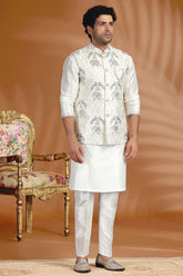 Cream Silk Peacock Embroidered Kurta Pajama with Jacket