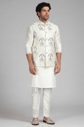 Cream Silk Peacock Embroidered Kurta Pajama with Jacket