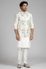 Cream Silk Peacock Embroidered Kurta Pajama with Jacket