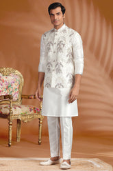 Cream Silk Peacock Embroidered Kurta Pajama with Jacket