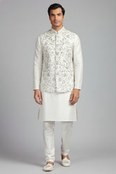 Cream Silk Peacock Embroidered Kurta Pajama with Jacket