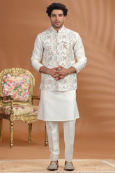 Cream Silk Embroidered Kurta Pajama with Jacket