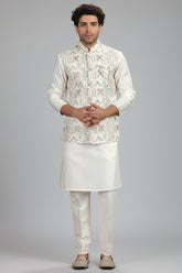 Cream Silk Embroidered Kurta Pajama with Jacket