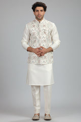 Cream Silk Embroidered Kurta Pajama with Jacket