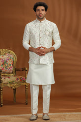 Cream Silk Kurta Pajama with Embroidered Jacket