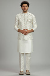Cream Silk Kurta Pajama with Embroidered Jacket