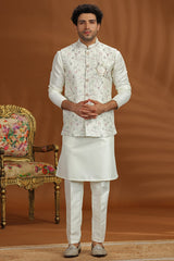 Cream Silk Kurta Pajama with Embroidered Jacket