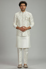Cream Silk Kurta Pajama with Embroidered Jacket
