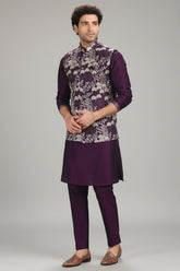 Wine Purple Silk Embroidered Jacket Kurta Pajma Set