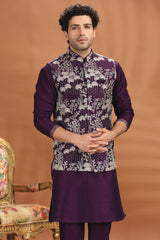 Wine Purple Silk Embroidered Jacket Kurta Pajma Set