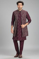 Wine Purple Silk Embroidered Jacket Indo Western Set