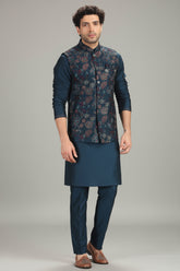 Rama Blue Silk Floral Embroidered Kurta Pajama with Jacket