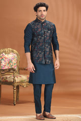 Rama Blue Silk Floral Embroidered Kurta Pajama with Jacket