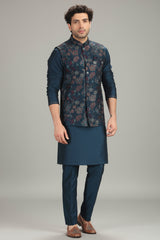 Rama Blue Silk Floral Embroidered Kurta Pajama with Jacket