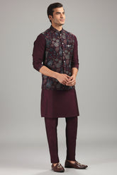 Wine Purple Silk Floral Embroidered Kurta Pajama with Jacket