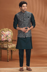 Bottle Green Silk Embroidered Kurta Pajama with Jacket