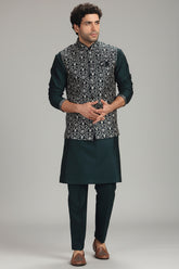 Bottle Green Silk Embroidered Kurta Pajama with Jacket