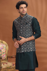Bottle Green Silk Embroidered Kurta Pajama with Jacket