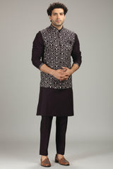 Wine Purple Silk Embroidered Kurta Pajama with Jacket