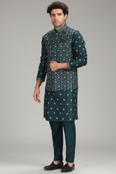 Teal Green Silk Jacket Kurta Pajama Set with Embroidery