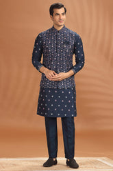 Navy Blue Silk Jacket Kurta Pajama Set with Embroidery