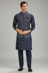 Navy Blue Silk Jacket Kurta Pajama Set with Embroidery