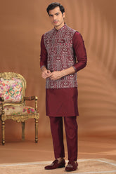 Maroon Silk Embroidered Kurta Pajama with Jacket