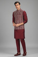 Maroon Silk Embroidered Kurta Pajama with Jacket
