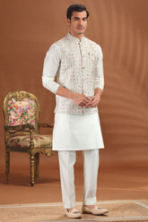 Cream Silk Jacket Kurta Pajama Set with Embroidery