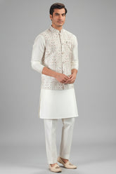 Cream Silk Jacket Kurta Pajama Set with Embroidery