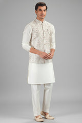 Cream Silk Jacket Kurta Pajama Set with Embroidery