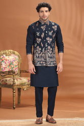 Navy Blue Silk Sequin Embroidered Kurta Pajama with Jacket