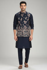 Navy Blue Silk Sequin Embroidered Kurta Pajama with Jacket