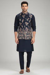 Navy Blue Silk Sequin Embroidered Kurta Pajama with Jacket