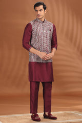 Maroon Silk Kurta Pajama with Sequin Embroidered Jacket