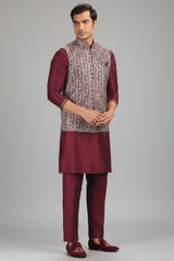 Maroon Silk Kurta Pajama with Sequin Embroidered Jacket