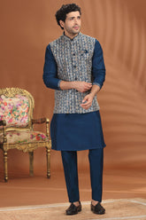 Rama Blue Silk Kurta Pajama with Sequin Embroidered Jacket