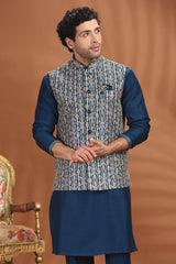 Rama Blue Silk Kurta Pajama with Sequin Embroidered Jacket