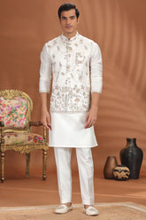 Off White Silk Floral Embroidered Kurta Pajama with Jacket