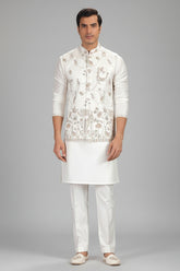 Off White Silk Floral Embroidered Kurta Pajama with Jacket