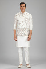 Off White Silk Floral Embroidered Kurta Pajama with Jacket