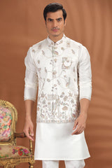 Off White Silk Floral Embroidered Kurta Pajama with Jacket