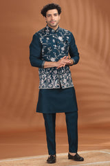 Rama Blue Silk Floral Embroidered Kurta Pajama with Jacket