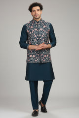 Rama Blue Silk Floral Embroidered Kurta Pajama with Jacket